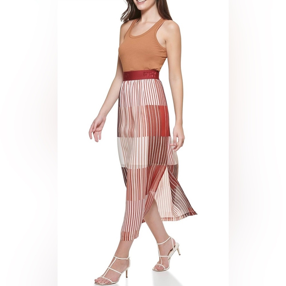 DKNY Midi Mesh Red Multicolor Print Skirt Leg Slits NWT Small